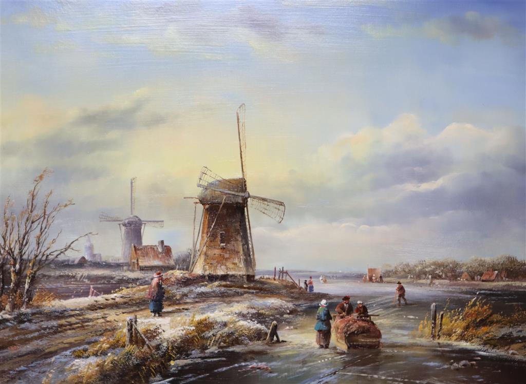 V* Beaumont (20th century Dutch School), Winter canal scene with figures skating and a windmill and companion piece,